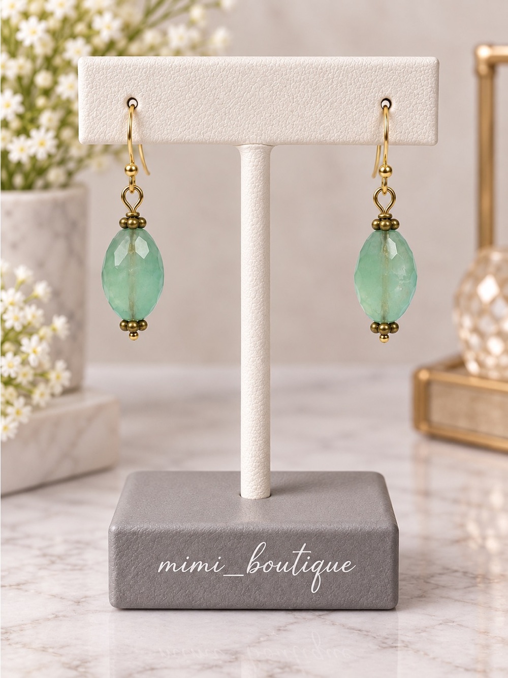 Green Aventurine Gemstone Earrings Gold Tone Nickel Free Hooks